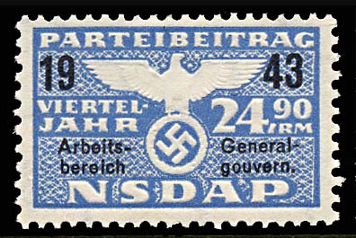 Nazi Party Dues 1943 "Generalgouvernment" Stamp 24.90 Marks