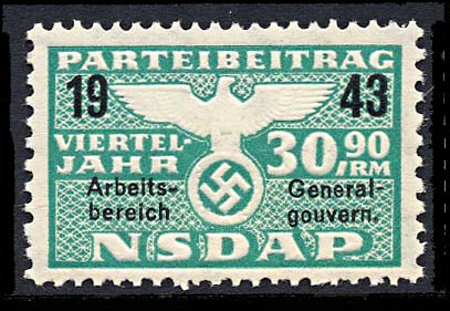 Nazi Party Dues 1943 "Generalgouvernment" Stamp 30.90 Marks