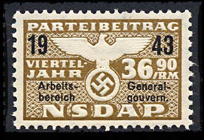 Nazi Party Dues 1943 "Generalgouvernment" Stamp 36.90 Marks