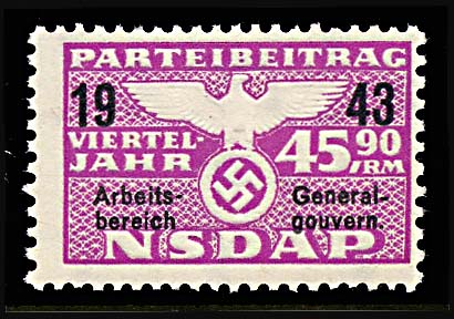 Nazi Party Dues 1943 "Generalgouvernment" Stamp 45.90 Marks