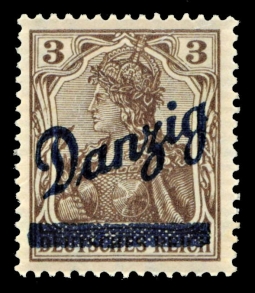 1920 3 Pfennig Brown overprinted Danzig Diagionally