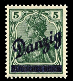 1920 5 Pfennig Green overprinted Danzig Diagionally