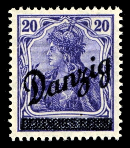 1920 20 Pfennig Blue Violet  Germania Overprinted Danzig Diagionally