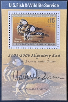 "RW72B, VF NH 2005 Hooded Merganzers,  Artist Signed Souvenir Sheet
