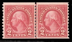 US 599   Two-cent Washington Horizontal Coil Line Pair.
