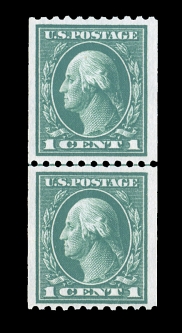 US 443  1914 One-cent Washington Perf. 10 Coil Line Pair