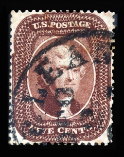 US 28 1858 5 Cent Jefferson, Red Brown