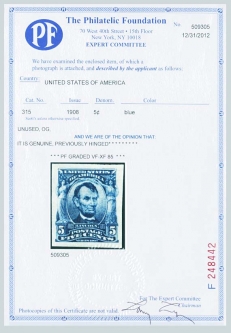 XF LH, 1906 Five-cent Lincoln Imperforate